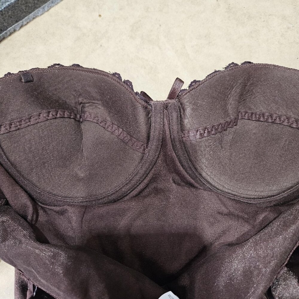 Satin Corset Top Womens L Brown Lace Ruched Bustier Cami Lingerie Coquette Y2K - Picture 4 of 11